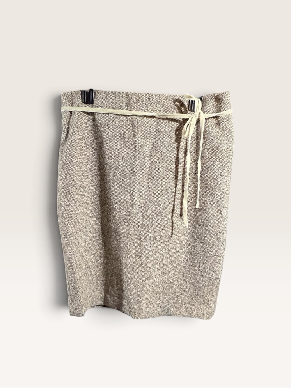 Neutral Beige Tweed Pencil Skirt with Velvet Waist Tie